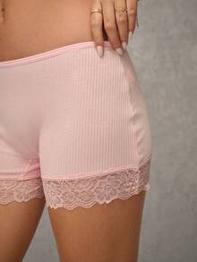 Esseday Pink High Elastic Lace Patchwork Casual Daily Minimalist Comfortable Women's Safety Pants - Pink - View 4