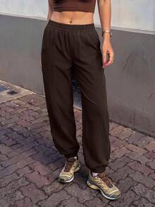 Pariaura Women's Solid Color Elastic Waist Casual Versatile Daily Outdoor Sweatpants - Coffee Brown - View 3