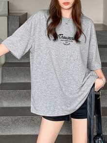 DAZY Women's Letter Print Loose Fit Round Neck Short Sleeve T-Shirt Graphic Tee Summer - Grey - View 5
