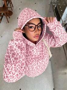 青少年女孩復古美式豹紋休閒寬鬆長袖衛衣 - 白色 - 查看 3