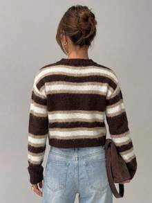 Lavishia Casual French Solid Color Short Hollow-Out Knit Cardigan In Autumn Brunch Brown Stripe - Brown - View 6