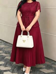 Modelyn Plus Size Women's Round Neck Lace Waist Tie Pleated Casual Date Outing Summer Dress - Burgundy - View 8