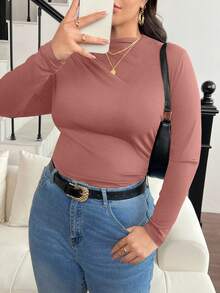 SHEIN Frenchy Plus Size Mock Neck Ruched Slim Fit Tee Fall - Dusty Pink - View 4