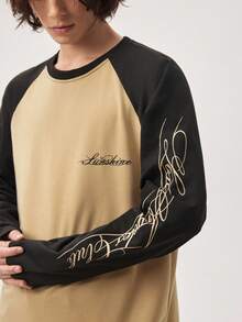 Vaulklash Men's Long Sleeve Round Neck T-Shirt, Black And White Color Block, Raglan Handwritten English Print, Loose Fit Racing Tshirt Graphic Jersey Mens - Multicolor - View 8