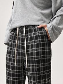 Vaulklash Loose Men's Plaid Print Drawstring Waist Pants Straight Leg Long Slacks Going Out, Fall Wide Leg - Black and White - View 6
