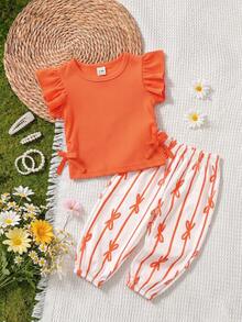 SHEIN Vintaside Kids 2件組女嬰可愛夏季度假紅色與白色幼兒嬰兒女童波西米亞風羅紋橘色荷葉袖蝴蝶結緞帶套裝 - 橘色 - 查看 1