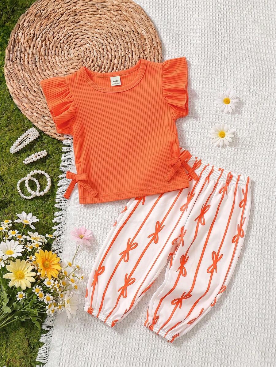SHEIN Vintaside Kids 2件組女嬰可愛夏季度假紅色與白色幼兒嬰兒女童波西米亞風羅紋橘色荷葉袖蝴蝶結緞帶套裝 - 橘色 - 查看 1