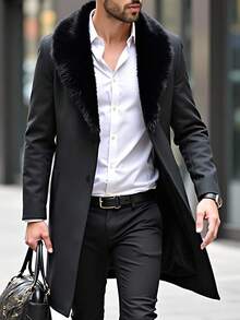 Manfinity Mode Men's Solid Color Faux Fur Patchwork Long Sleeve Windbreaker Jacket, Autumn/Winter Men Long Coat Elegant For Men Luxury Overcoat - Black - View 1