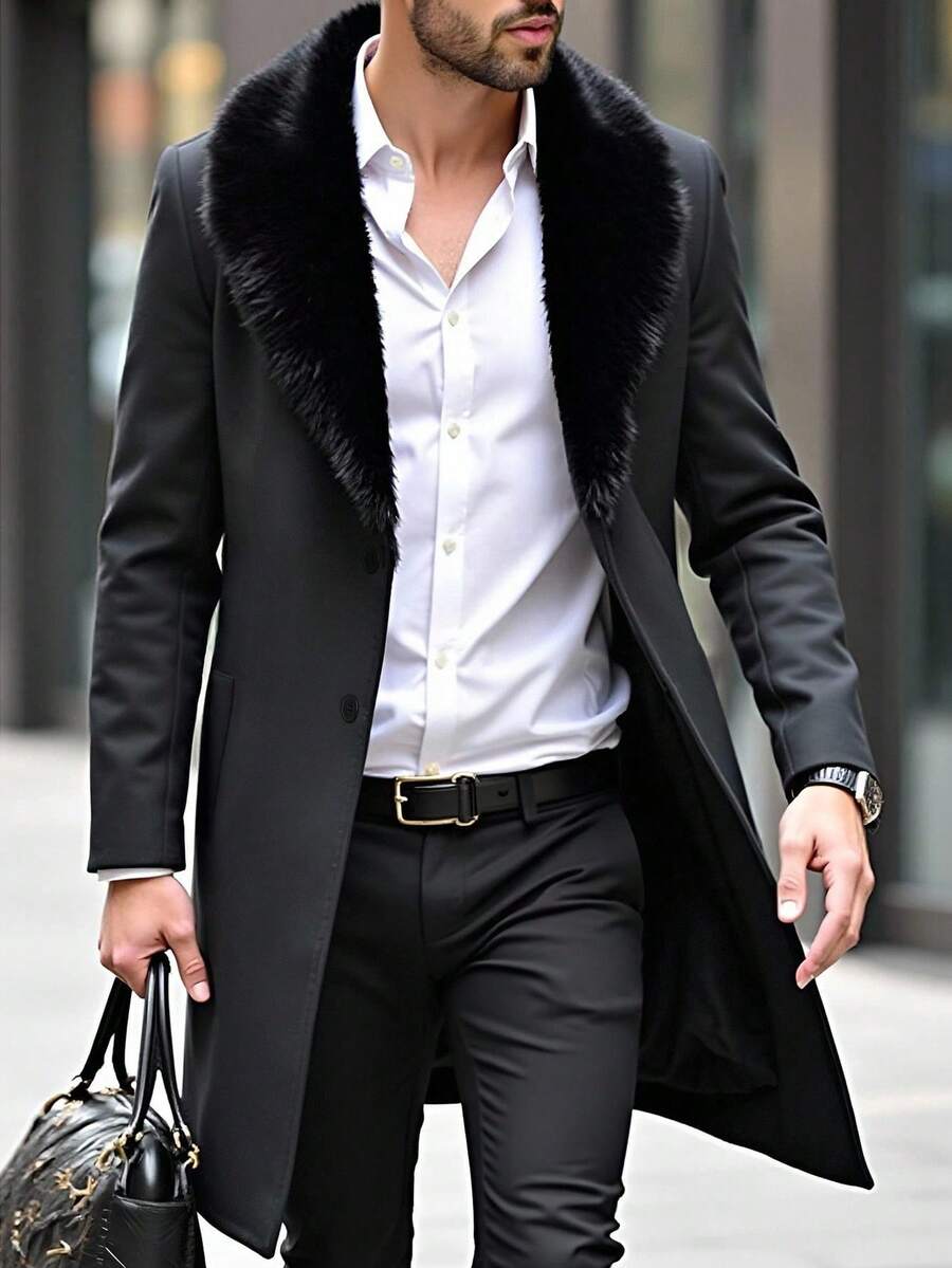 Manfinity Mode Men's Solid Color Faux Fur Patchwork Long Sleeve Windbreaker Jacket, Autumn/Winter Men Long Coat Elegant For Men Luxury Overcoat - Black - View 1