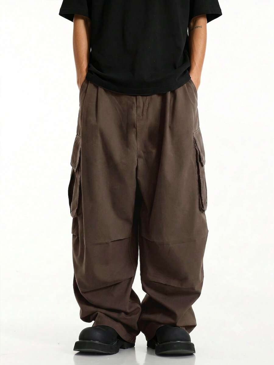 ÉpureWay Men Flap Pocket Side Drawstring Waist Oversize Cargo Pants, Fall Wide Leg - Chocolate Brown - View 1
