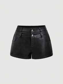 SHEIN MOD 女款街頭風辣妹鈕扣口袋PU材質性感短褲 - 黑色 - 查看 2