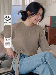DAZY Women's Textured Vacation Round Neck Tie Front Short Sleeve T-Shirt Summer - Khaki - View 6