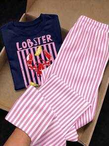 Mom And Me, Vintage Vacation Style Lobster Outfit, Seafood Theme, Navy Blue & Pink White Color Block, Lobster Design, Beach Fun Summer Dream, Young Girl Casual Minimalist Cartoon Pattern Round Neck Short Sleeve Top & Flare Pants 2PCS Set, Suitable For Summer - Multicolor - View 1