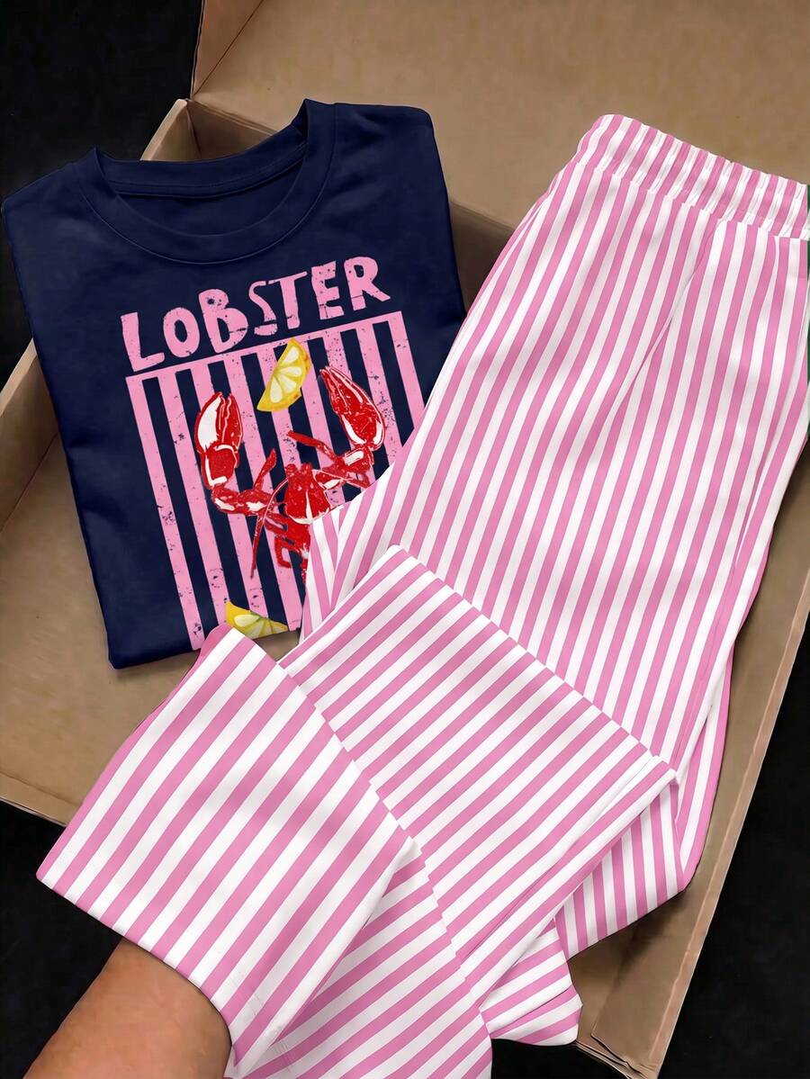 Mom And Me, Vintage Vacation Style Lobster Outfit, Seafood Theme, Navy Blue & Pink White Color Block, Lobster Design, Beach Fun Summer Dream, Young Girl Casual Minimalist Cartoon Pattern Round Neck Short Sleeve Top & Flare Pants 2PCS Set, Suitable For Summer - Multicolor - View 1
