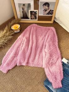 CosyJoli Plus Size Women's Sweater Off Shoulder Plush Cropped Cardigan In Fall/Winter - Dusty Pink - View 3
