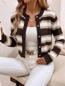 Lavishia Casual French Solid Color Short Hollow-Out Knit Cardigan In Autumn Brunch Brown Stripe - Brown - View 3