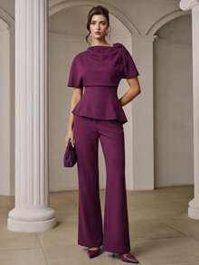 ZEYLAH Women's Solid Color Top And Pants Casual Daily Set - Red Violet - View 5