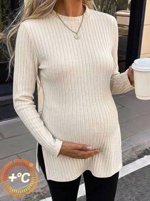 SHEIN Maternity Solid Color Split Design Casual Versatile Everyday Formal Maternity Work T-Shirt Fall - Apricot - View 5