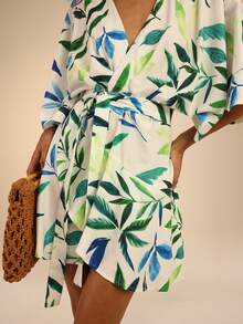 Dancing Leopard Green Botanical Print Wrap Tie Side Mini Dress, Holiday/Vacation Wear - Green - View 5
