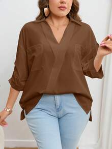 SHEIN Essnce 大碼補丁貼口袋抽褶袖襯衫 - 棕色 - 查看 4