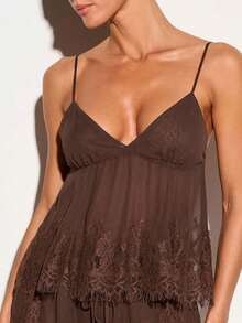 KIZN Satin Cami Top With V-Neck Spaghetti Straps And Floral Lace Trim Detail - Elegant Summer Evening Wear - Brown - View 4