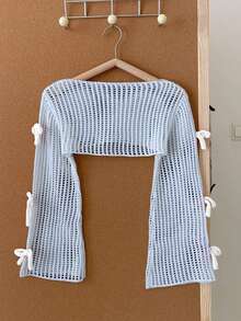 SHEIN Girls' Beige Pullover Sweater, Cute Casual Fashion 3D Pink Bow Knit Top - Blue - View 2