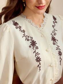 Vintamour Women's Elegant Commute Floral Embroidered Lace Trim Blouse Elegant Back To School Blouse For Women Fall/Winter Elegant Business Work Blouse For Women - Beige - View 2