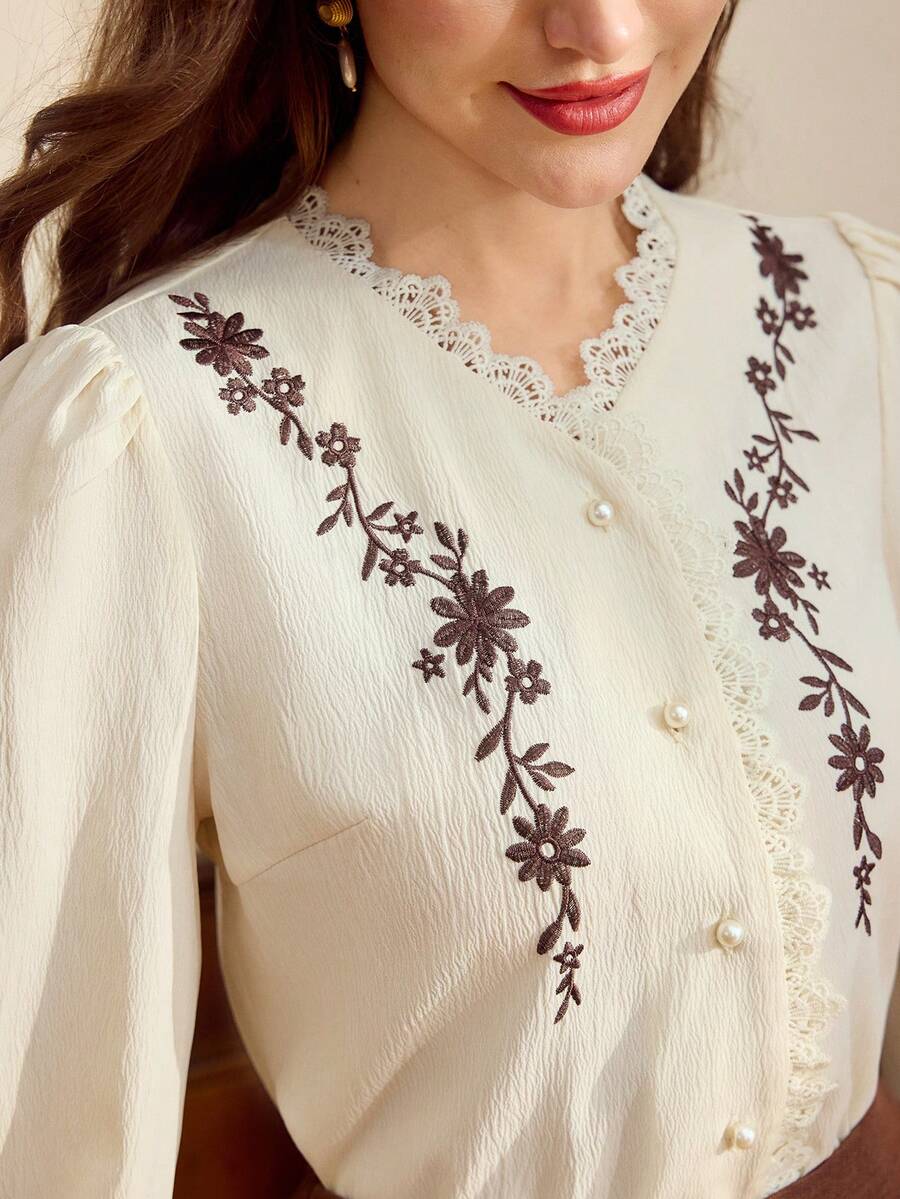 Vintamour Women's Elegant Commute Floral Embroidered Lace Trim Blouse Elegant Back To School Blouse For Women Fall/Winter Elegant Business Work Blouse For Women