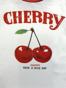 春夏休闲时尚创意个性清新可爱樱花叶撞色刺绣樱桃仿牛仔布字母印花宽松T恤裤套装，舒适日常穿着，适合女童 - 彩色 - 查看 6