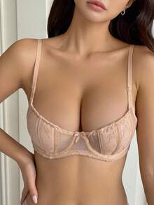 DAZY Mesh Contrast Lace Wireless Minimizer Bra Lingerie For Women - Pink - View 5
