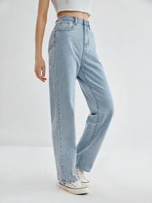 ROMWE Solid Straight Leg Jeans, School - Light Wash - View 3
