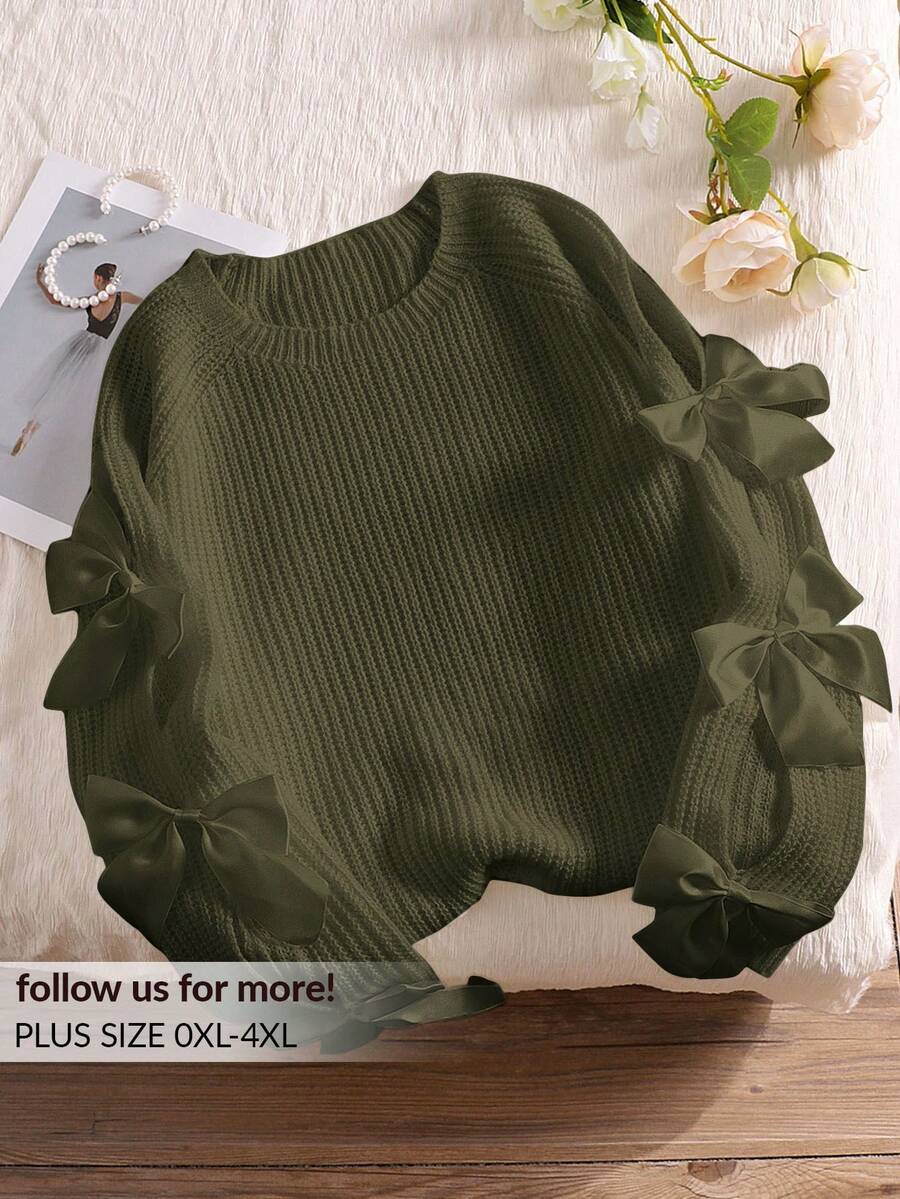 CosyJoli Plus Size Loose Fit Crew Neck Sweater With Hollow Bowknot Decor, Cute Fairy Style, Fall, Apricot Autumn Winter - Army Green - View 1