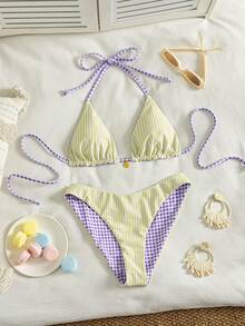 Swim Mod 女款夏季海灘度假甜美黃色條紋可正反穿比基尼泳衣套裝 - 彩色 - 查看 3