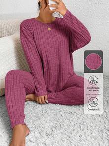 SHEIN Frenchy 纯色粒面面料家居服风格落肩 T 恤和紧身裤 - 玫紅色 - 查看 1