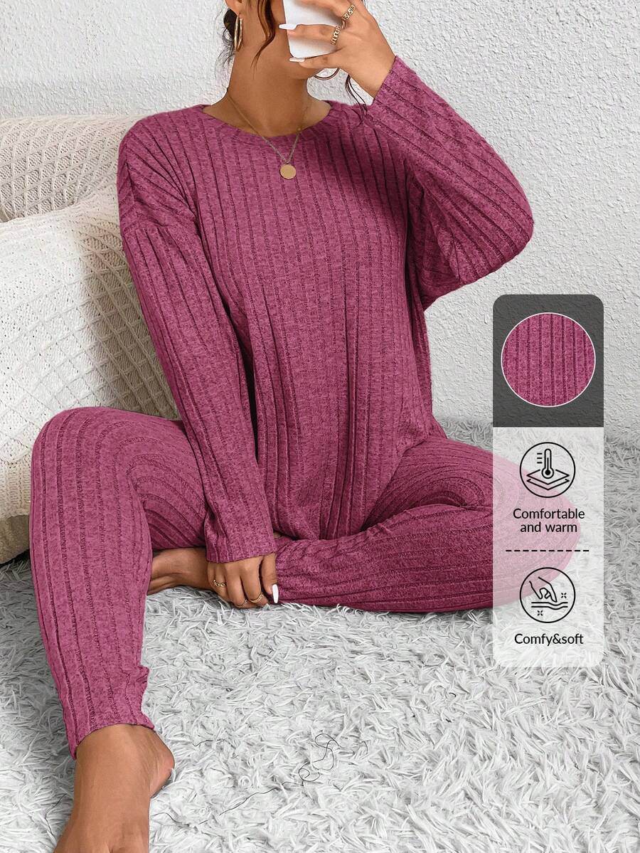SHEIN Frenchy 纯色粒面面料家居服风格落肩 T 恤和紧身裤 - 玫紅色 - 查看 1
