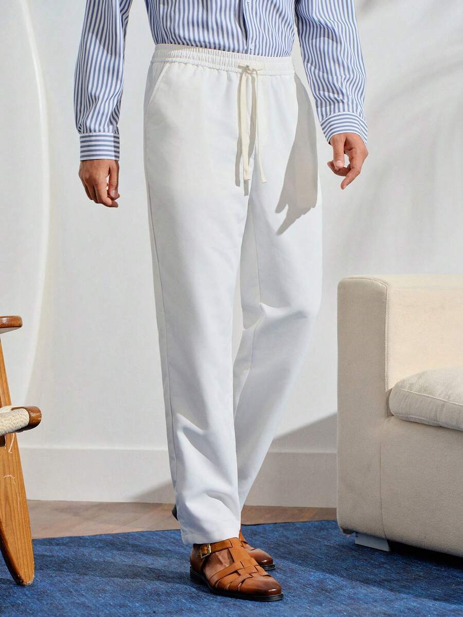 VeloEdit Men's White Summer Casual Vacation Holiday Business INS Street Skinny Cropped Pants,Basic Solid Trousers For Everyday Commuting Travel Fall - White - View 1