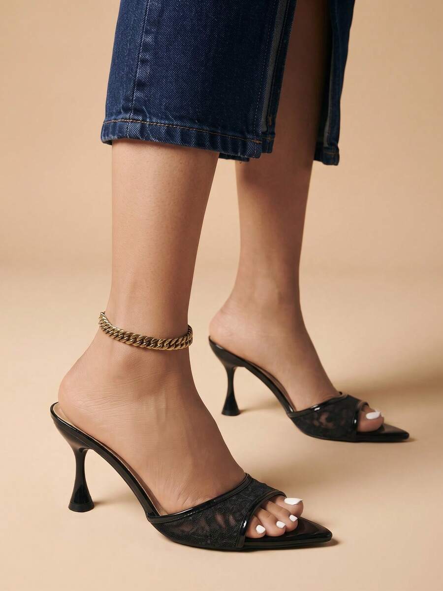 Glamine Women's High Heel Shoes, Fashionable For Parties, Outdoor Events, Banquets, With Transparent Mesh, Printed Pattern, Soft Mirror-Like Material - Black - View 1