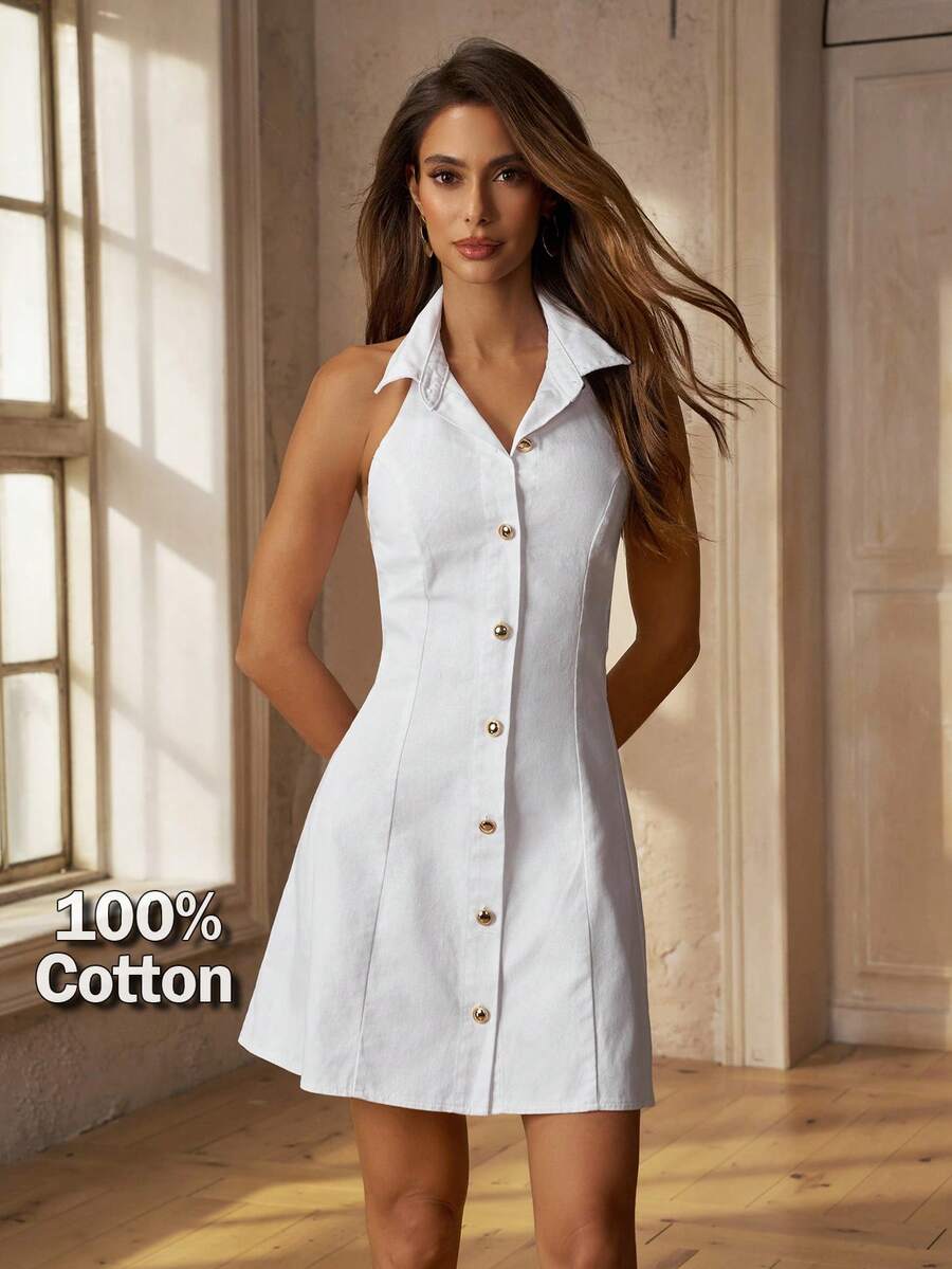 Selenza Gaun Denim Wanita Elegan dengan Detail Payung di Bagian Bawah - Putih - View 1
