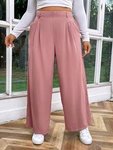 SHEIN Essnce High Waisted Plicated Side Pocket Wide Leg Waffle Work Plus Size Pants Fall - Pink - View 6