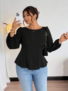 Firerie Plus Size Women Casual Elegant Vacation Minimalist Versatile Daily Basic Bowknot Loose Fit Puff Sleeve Blouse, Spring/Autumn,Fall Clothes For Women - Black - View 4