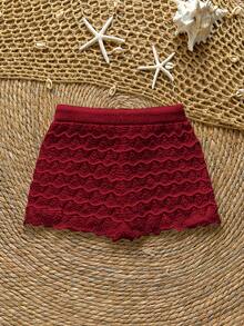 Soleia Drawstring Hollow Knit Fitted Cover-Up Top And Shorts - Burgundy - View 2