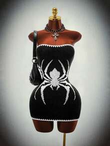 Amplova Women's Spider Pattern Mini Dress, Halloween Knit Bodycon Style, Black And White Checkered Contrast Color, Gothic Goth Sexy Outfit Night Out Clubbing - Black and White - View 3