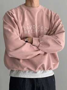 DAZY Spring/Autumn Pink Loose Short Crew Neck Sweatshirt With Ribbed Hem And Cuffs, Letter Embroidery Pullover Sweatshirt For Men - Pink - View 2