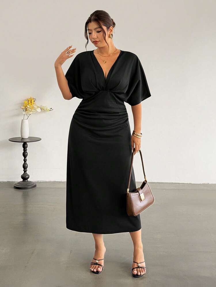 Firerie Plus Size Women Solid Color Deep V-Neck Batwing Short Sleeve Fitted Elegant Dress Wedding Dinner Formal Night Black Summer - Black - View 3