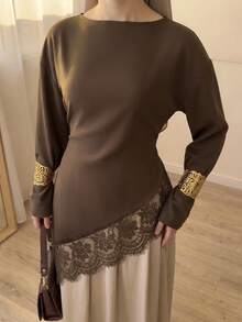 Celisse Women's Early Autumn New Loose Fit Asymmetrical Hem Lace Trim Long Sleeve Top - Brown - View 9