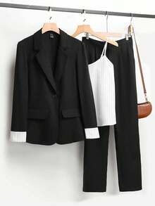 SHEIN 3 件套女士套装：撞色袖口长袖夹克、细肩带吊带背心、纯色长裤 - 黑色 - 查看 3