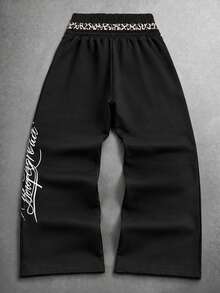 INCRYTM Men's Leopard Print Patchwork Letter Print Sweatpants - Black - View 2