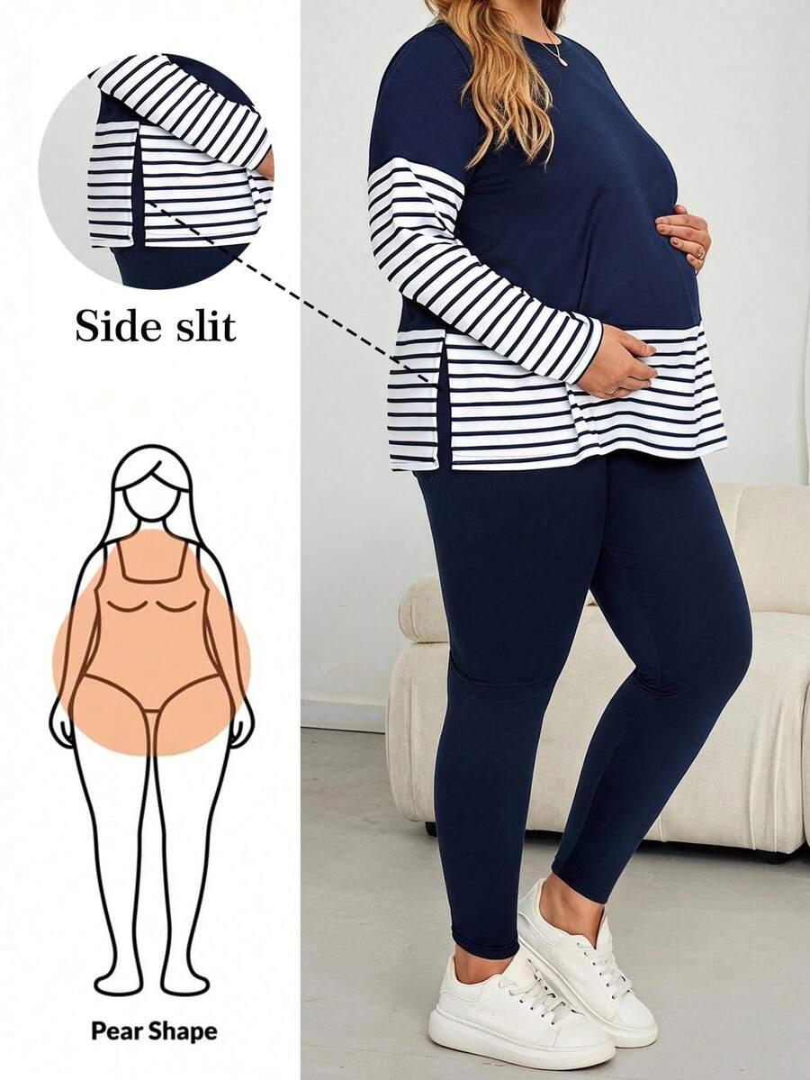 Plussiva Bộ đồ 2 món bầu size lớn gồm áo thun tay dài cổ tròn kẻ sọc và quần dài lưng điều chỉnh được phong cách thường ngày - Xanh và trắng - Xem 1
