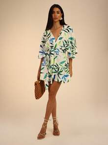 Dancing Leopard Green Botanical Print Wrap Tie Side Mini Dress, Holiday/Vacation Wear - Green - View 4