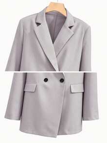 Ritzy Row Women's Casual Oversized Padded Shoulder Mid-Length Double-Breasted Blazer - Grey - View 7
